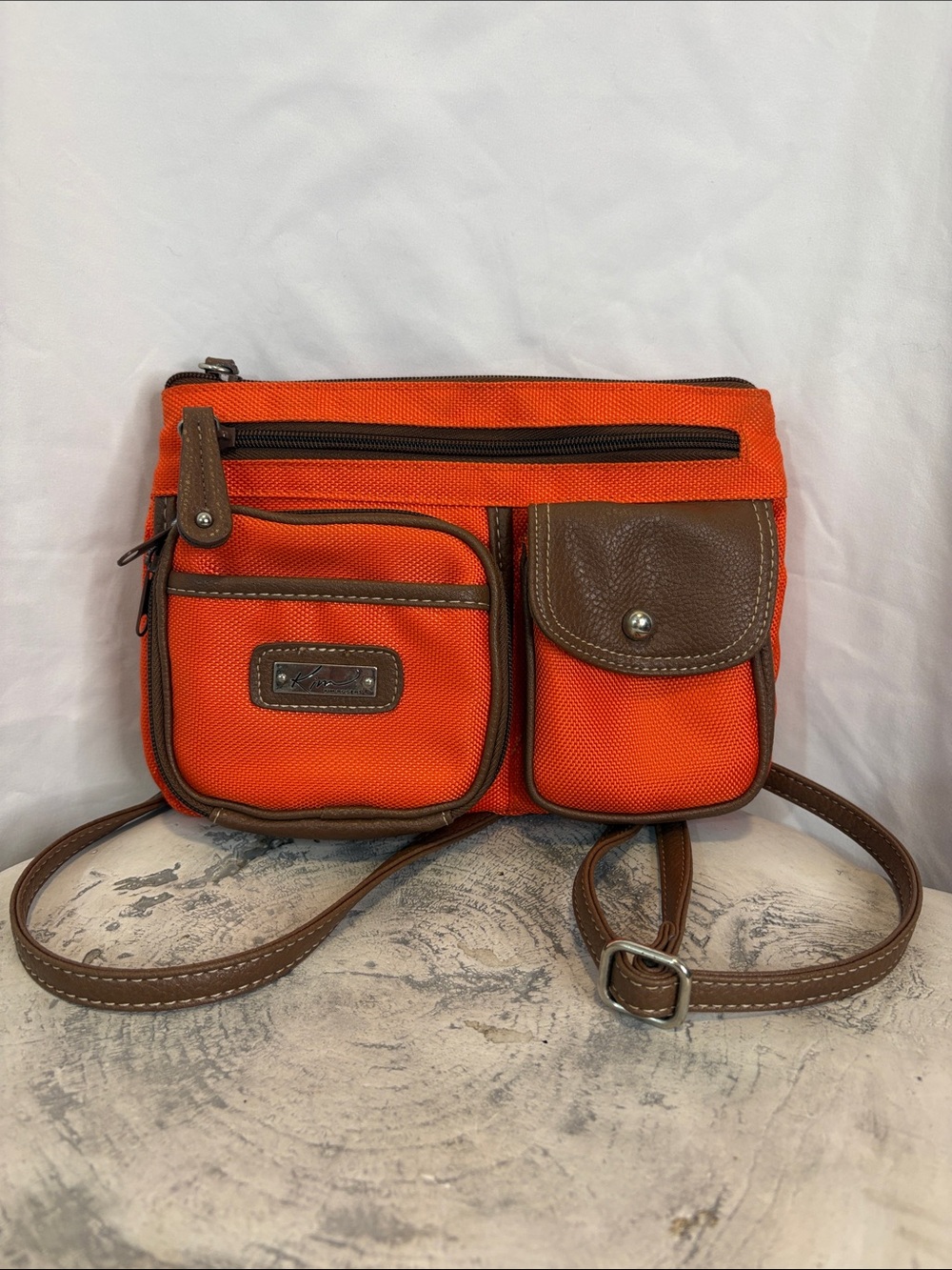 Kim Rogers Multi-Pocket Nylon Crossbody Bag Bright Pumpkin Orange Utility Style